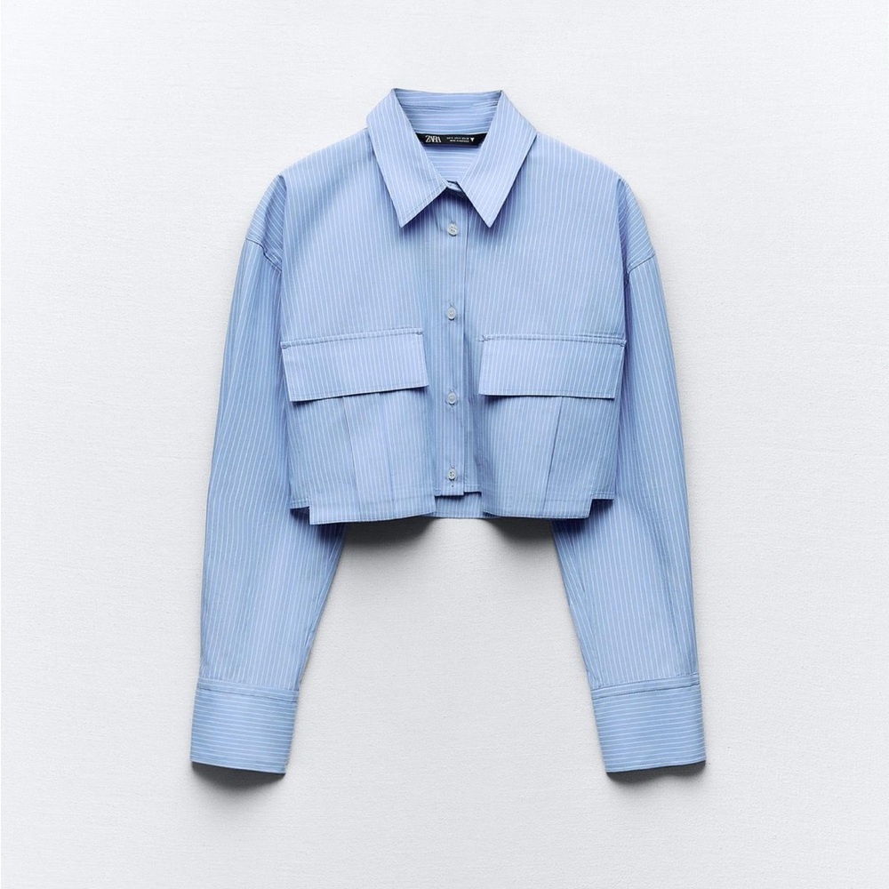 NWT Zara Cropped Gabardine Shirt, Blue/White, Size M